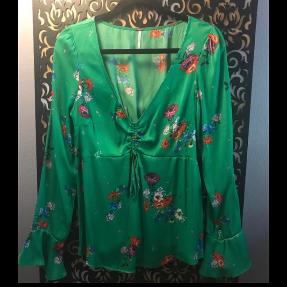Free People Satin Floral Long Sleeve Blouse
